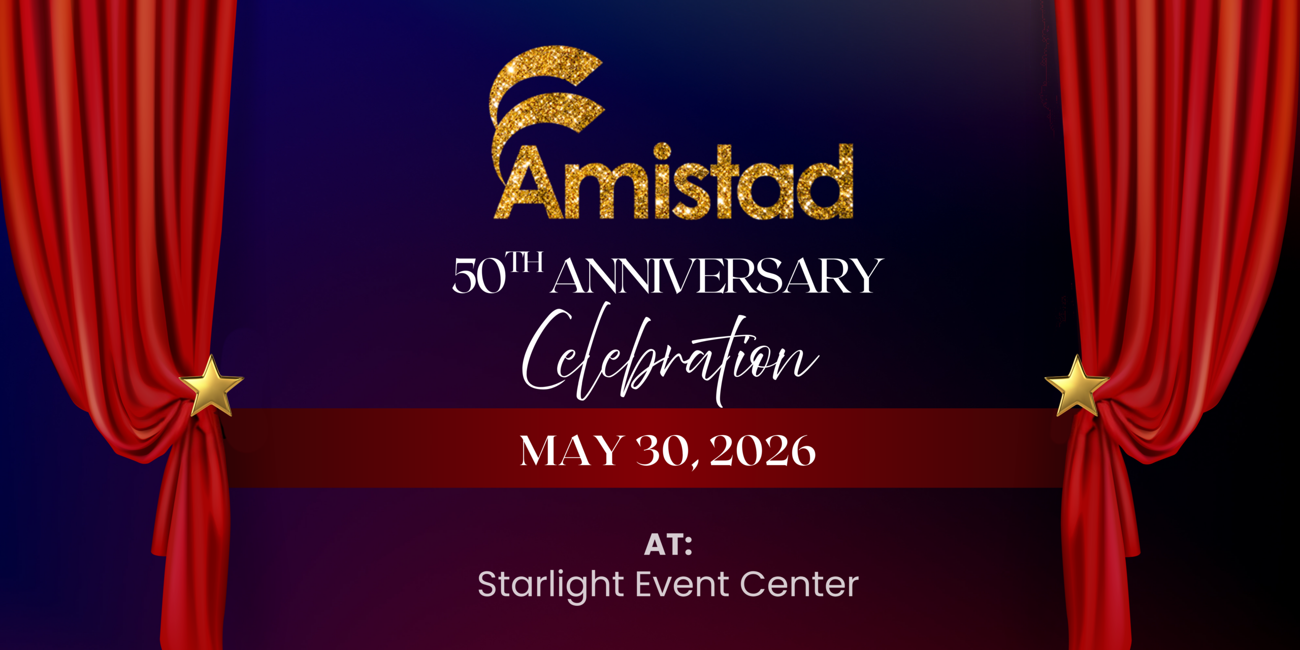 Amistad anniversary artwork with a gold logo and red theater curtains